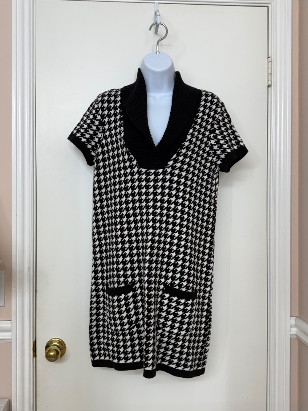 Style & Co Womens Houndstooth Knit Sweater Dress Size M Black White Shawl Collar